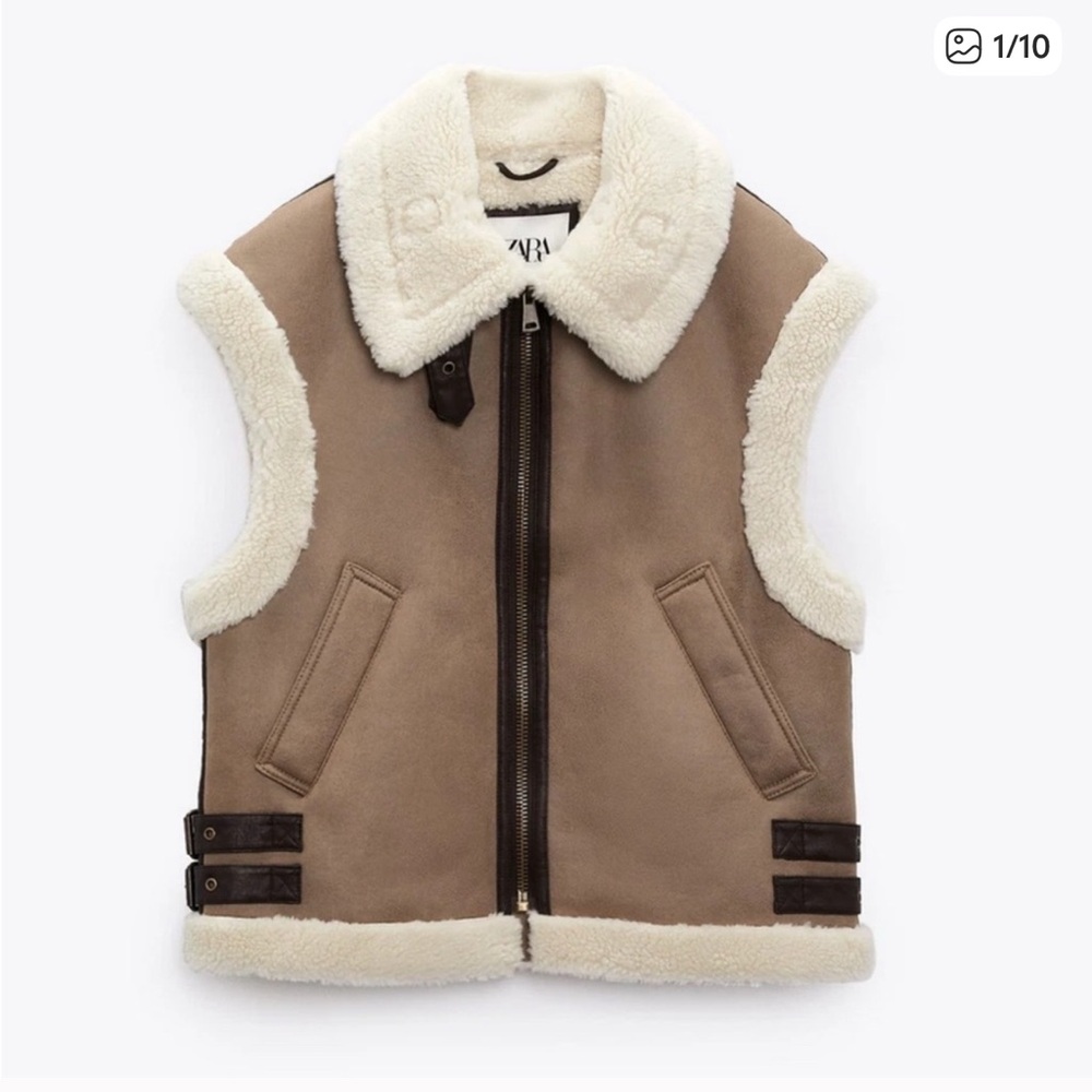 Zara Cream and Brown Faux Shearling Vest